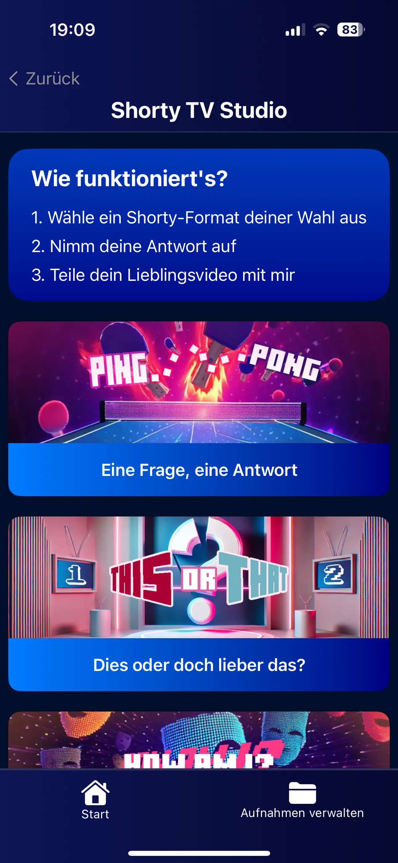 App: Formate wählen im Shorty TV Studio