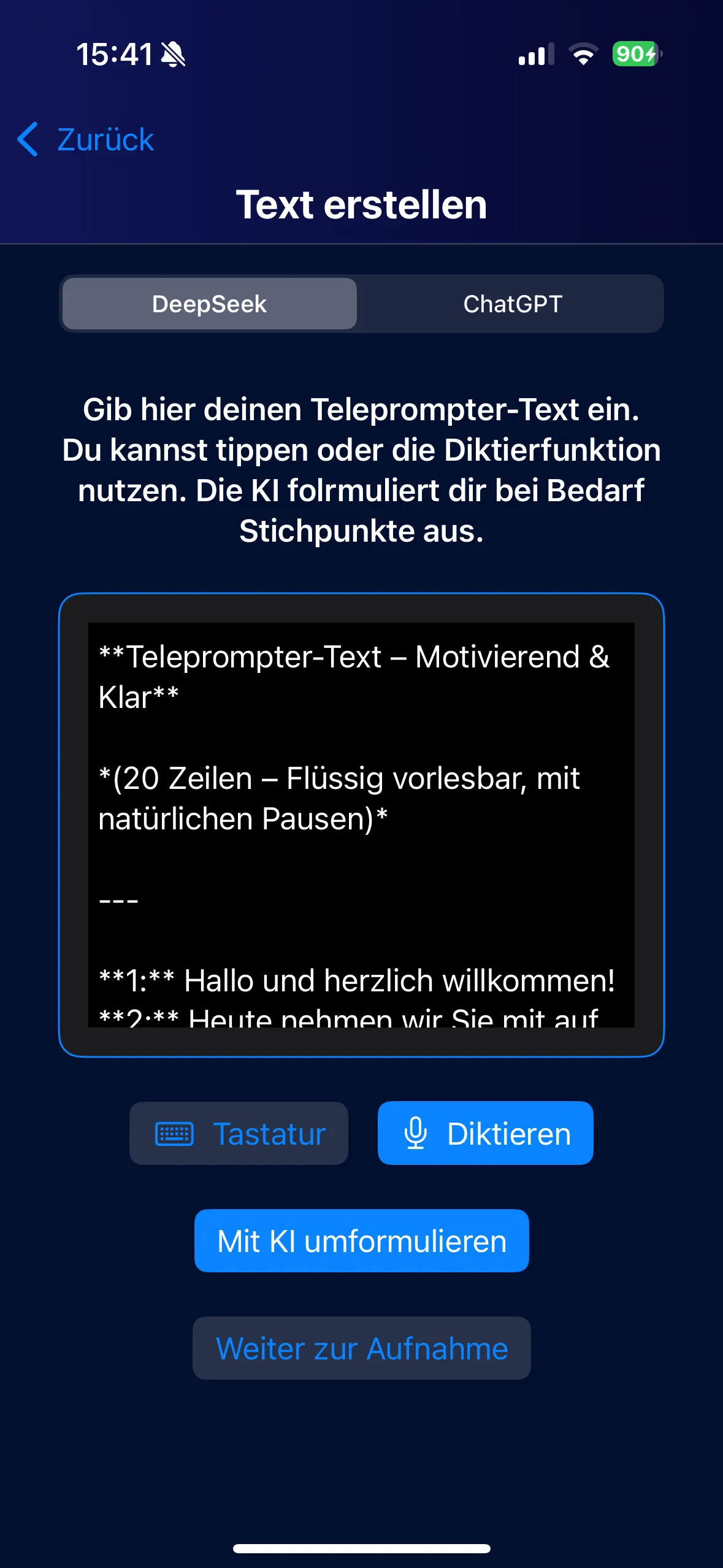 App: Teleprompter-Text mit KI erstellen